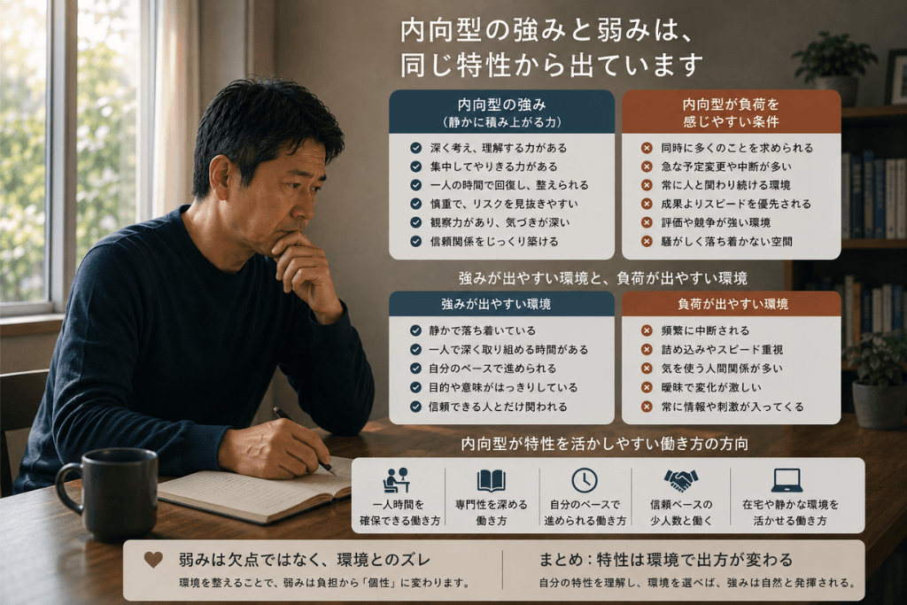 内向型の強みと弱み|特性を活かす働き方と消耗しやすい条件